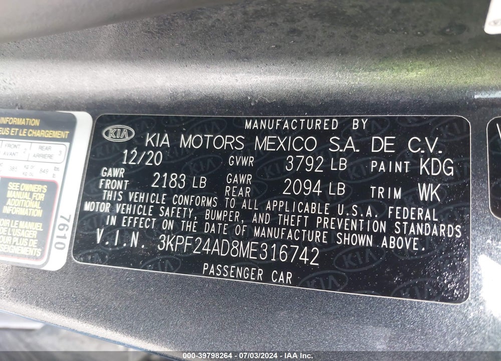 2021 KIA FORTE LXS VIN: 3KPF24AD8ME316742