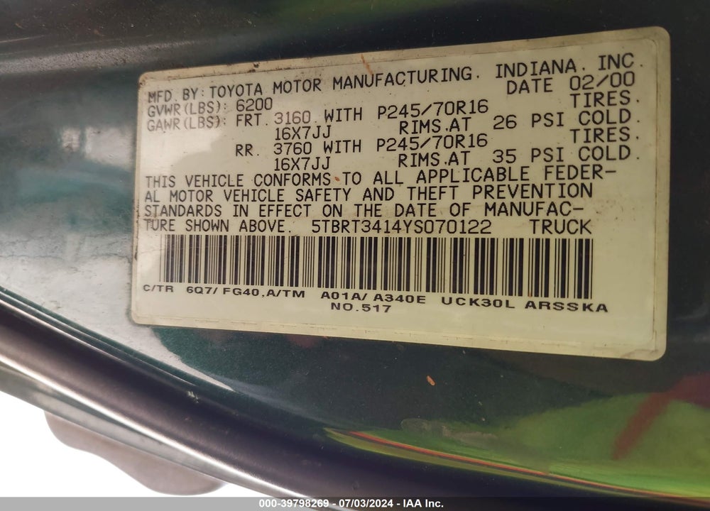 2000 TOYOTA TUNDRA SR5 V8 VIN: 5TBRT3414YS070122
