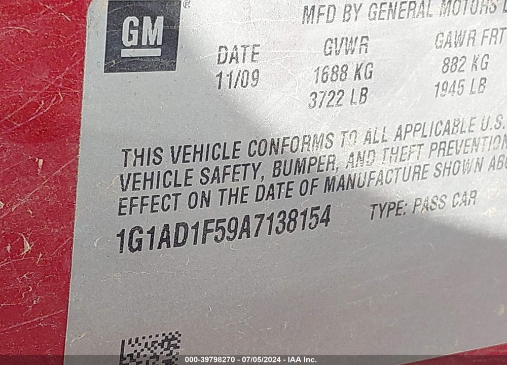 2010 CHEVROLET COBALT LT VIN: 1G1AD1F59A7138154