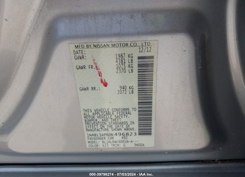 2013 NISSAN ALTIMA 3.5 S VIN: 1N4BL3AP6DN496823