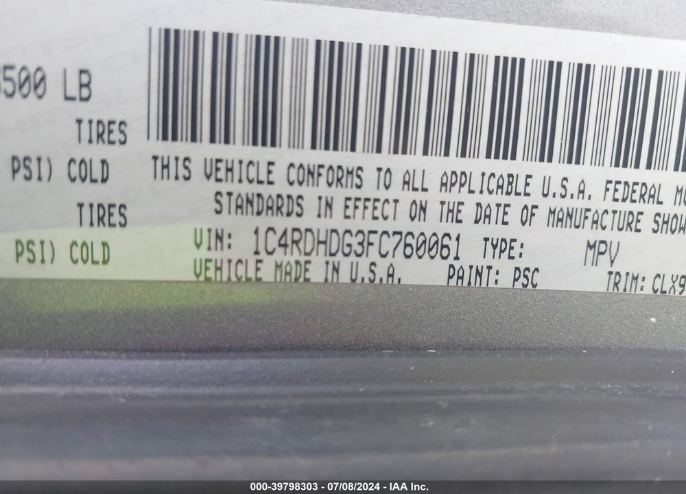 2015 DODGE DURANGO LIMITED VIN: 1C4RDHDG3FC760061