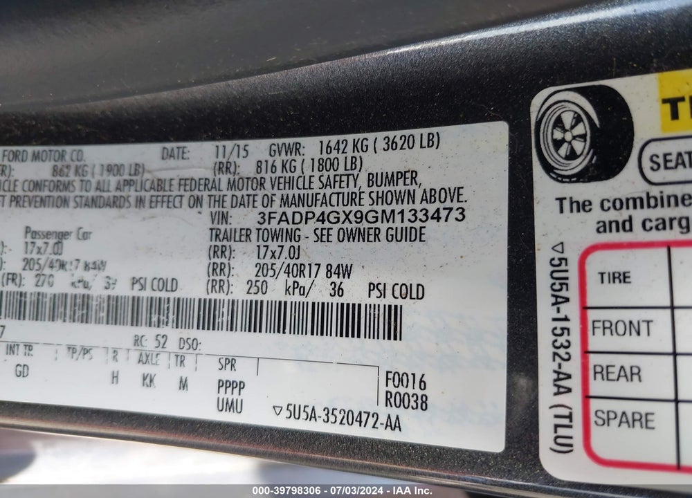 2016 FORD FIESTA ST VIN: 3FADP4GX9GM133473