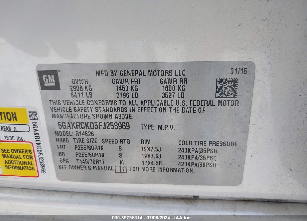 2015 BUICK ENCLAVE PREMIUM VIN: 5GAKRCKD5FJ258969
