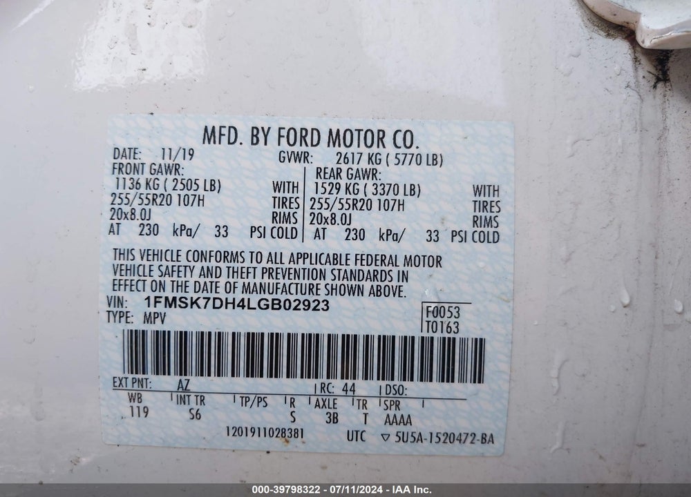 2020 FORD EXPLORER XLT VIN: 1FMSK7DH4LGB02923
