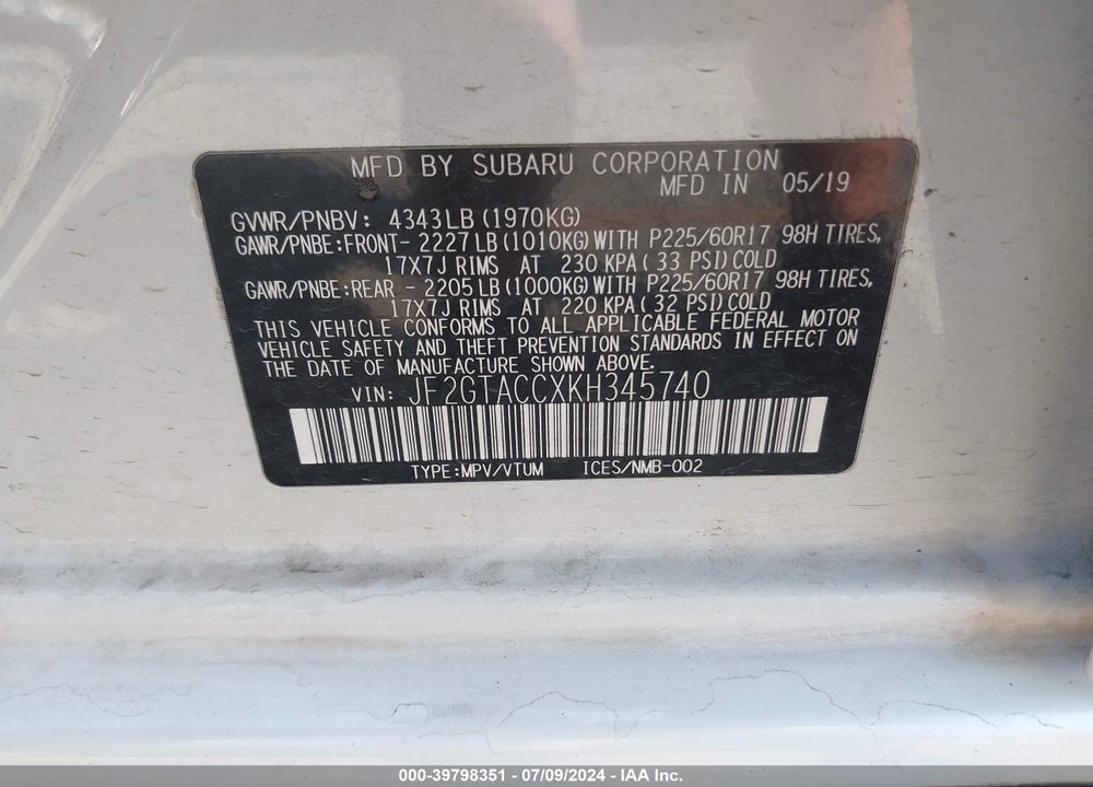 2019 SUBARU CROSSTREK VIN: JF2GTACCXKH345740