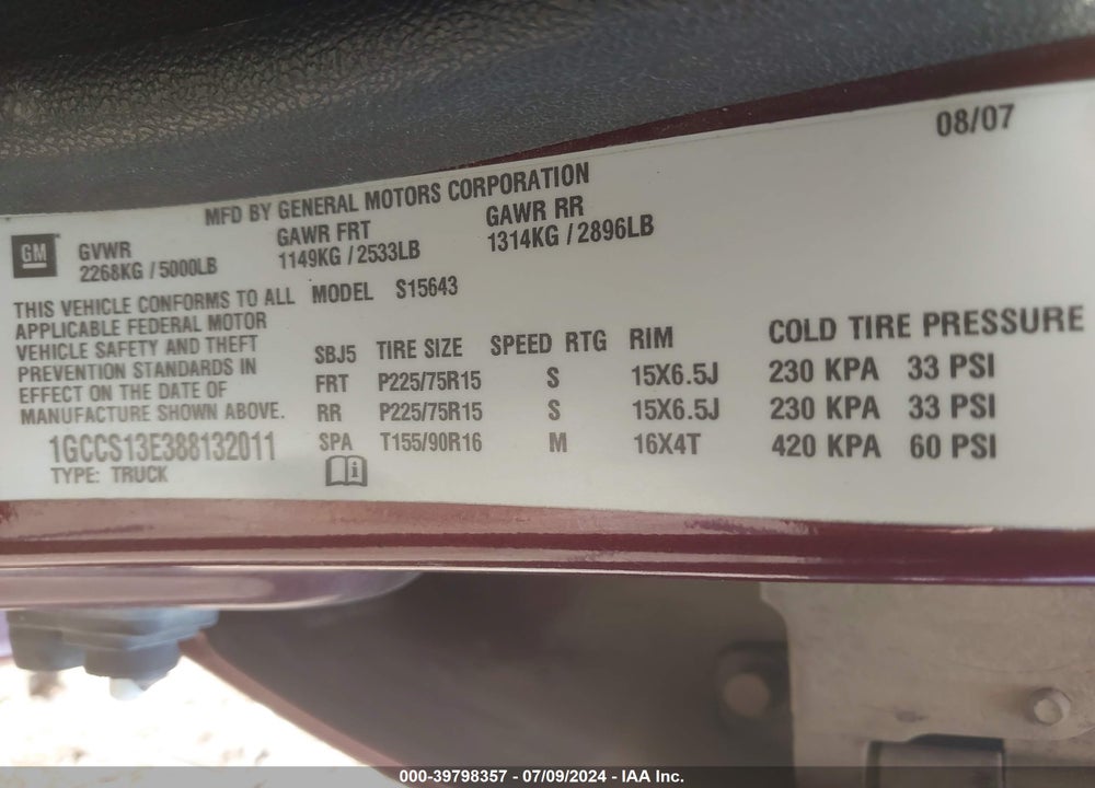 2008 CHEVROLET COLORADO LT VIN: 1GCCS13E388132011