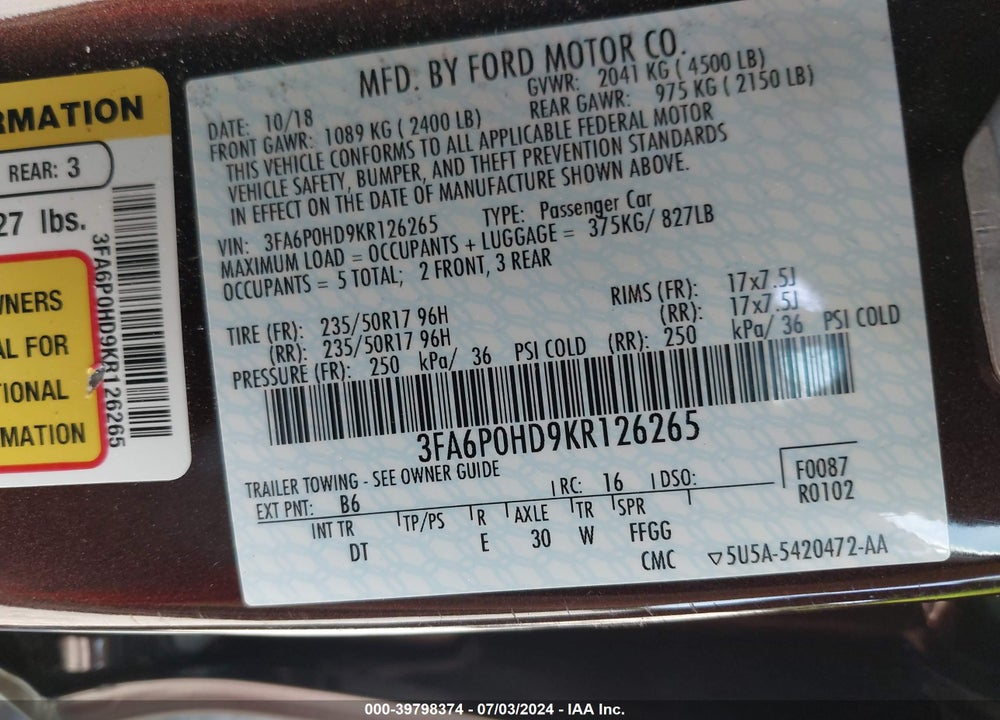 2019 FORD FUSION SE VIN: 3FA6P0HD9KR126265