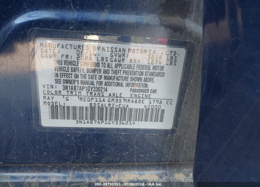2016 NISSAN SENTRA SR VIN: 3N1AB7AP1GY336214