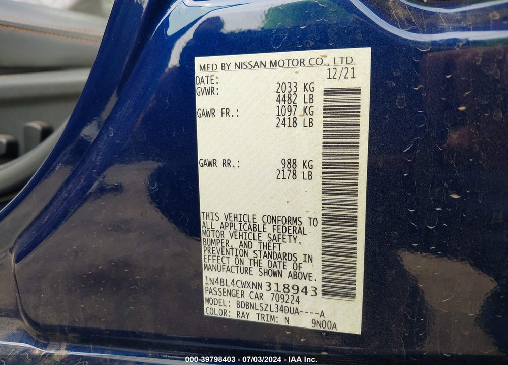 2022 NISSAN ALTIMA SR INTELLIGENT AWD VIN: 1N4BL4CWXNN318943