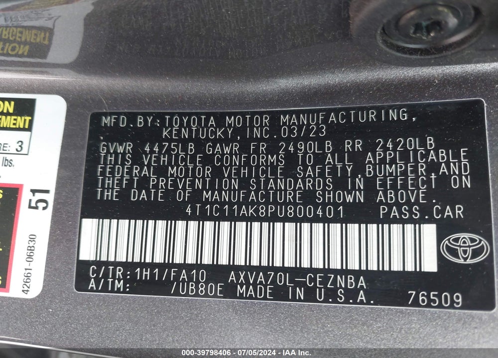 2023 TOYOTA CAMRY LE VIN: 4T1C11AK8PU800401