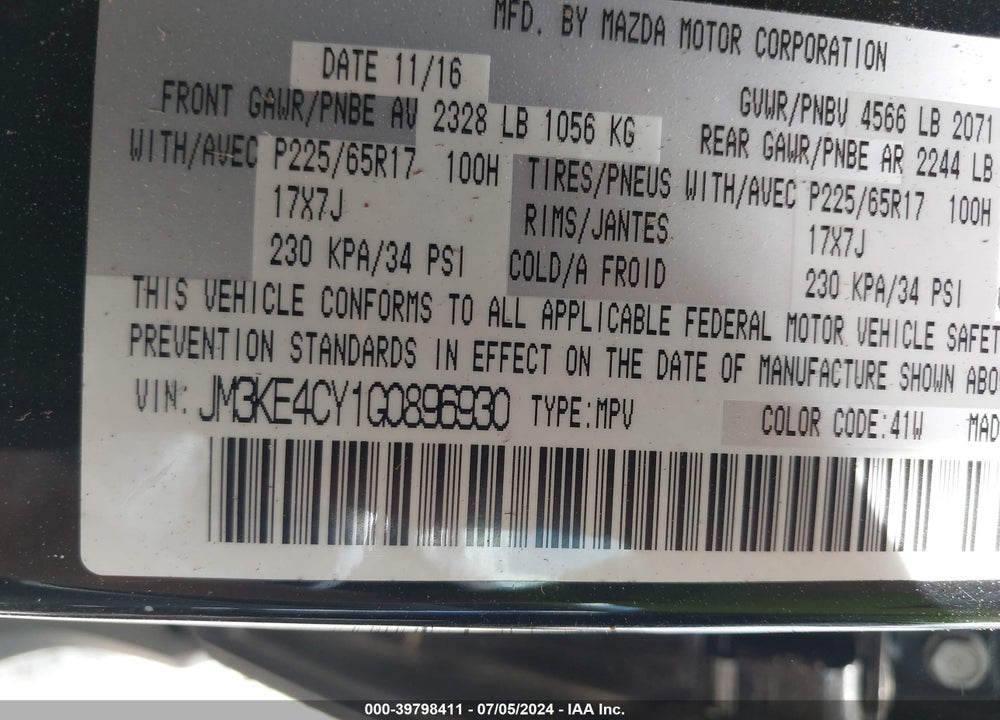 2016 MAZDA CX-5 TOURING VIN: JM3KE4CY1G0896930