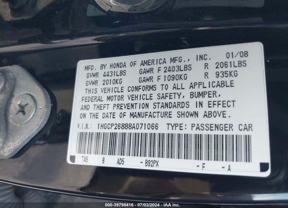 2008 HONDA ACCORD 2.4 EX-L VIN: 1HGCP26888A071066