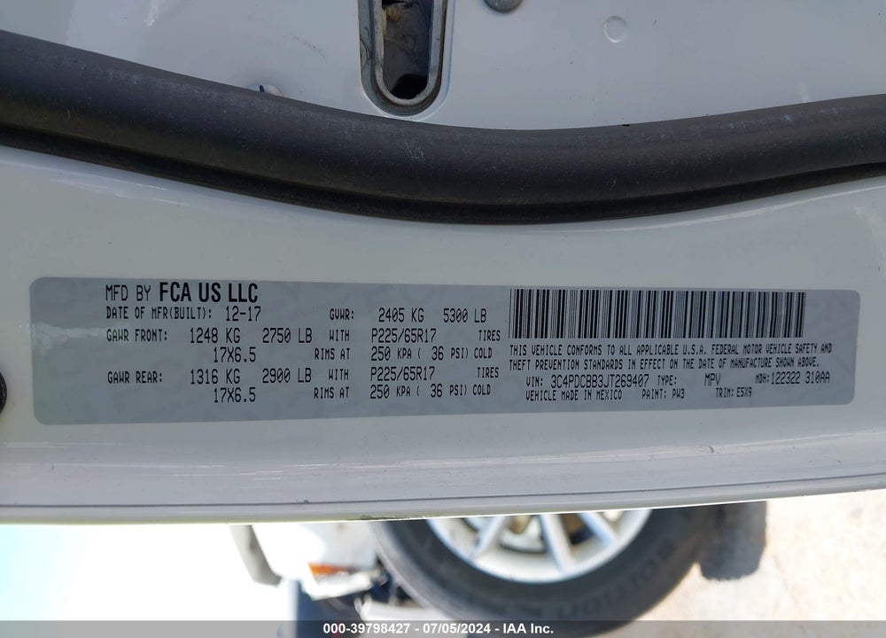 2018 DODGE JOURNEY SXT VIN: 3C4PDCBB3JT269407