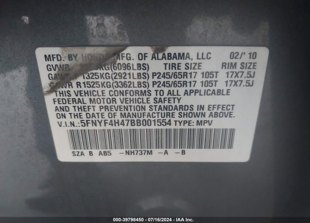 2011 HONDA PILOT EX VIN: 5FNYF4H47BB001554