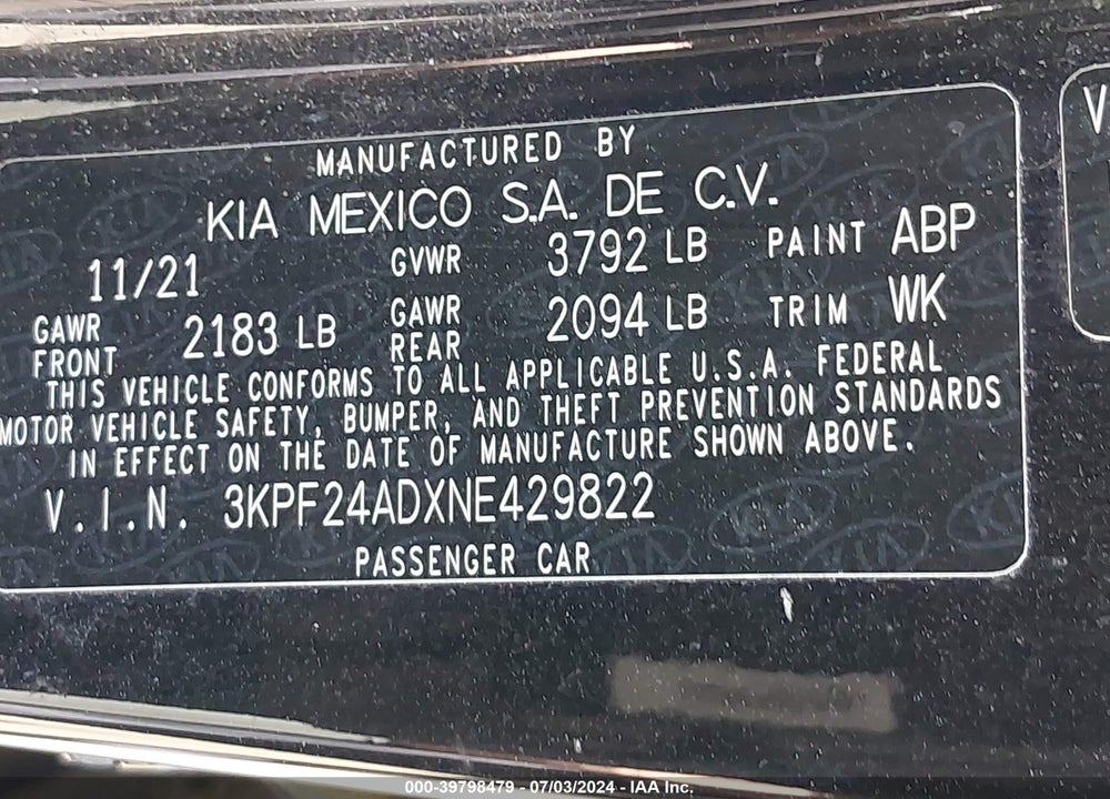 2022 KIA FORTE VIN: 3KPF24ADXNE429822