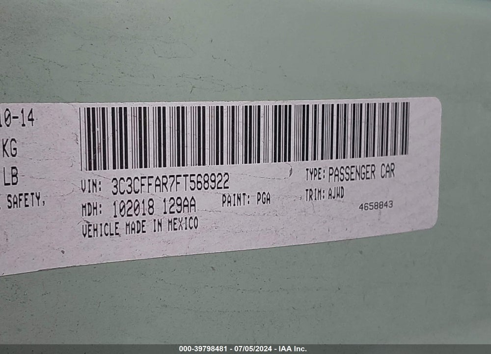 2015 FIAT 500 VIN: 3C3CFFAR7FT568922