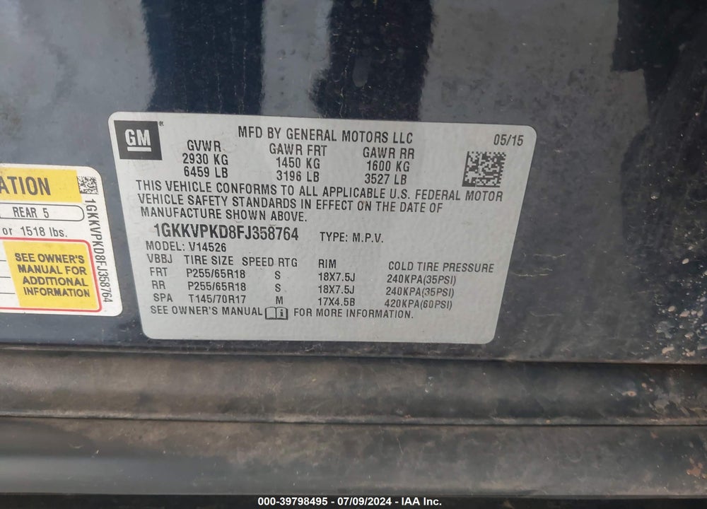 2015 GMC ACADIA SLE-2 VIN: 1GKKVPKD8FJ358764