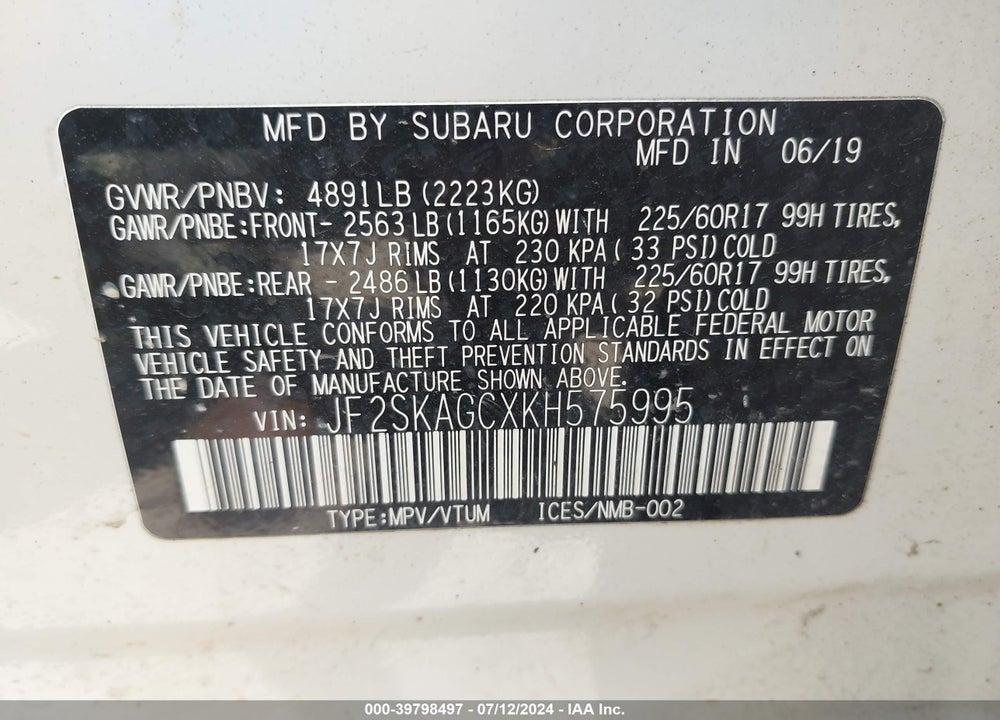 2019 SUBARU FORESTER PREMIUM VIN: JF2SKAGCXKH575995