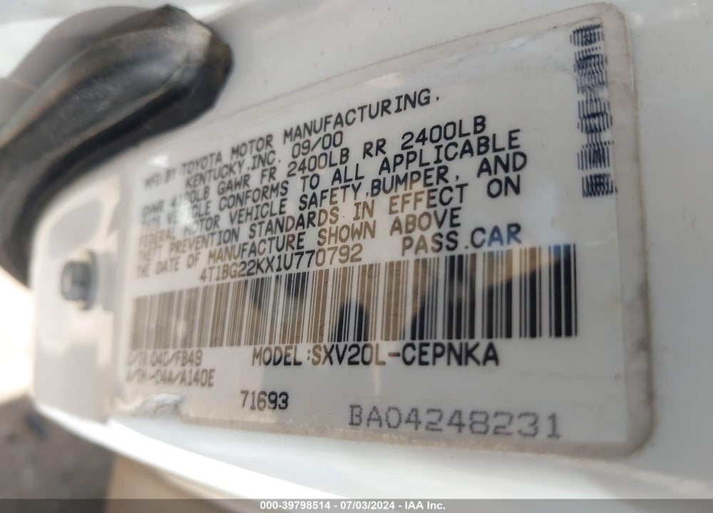 2001 TOYOTA CAMRY LE VIN: 4T1BG22KX1U770792