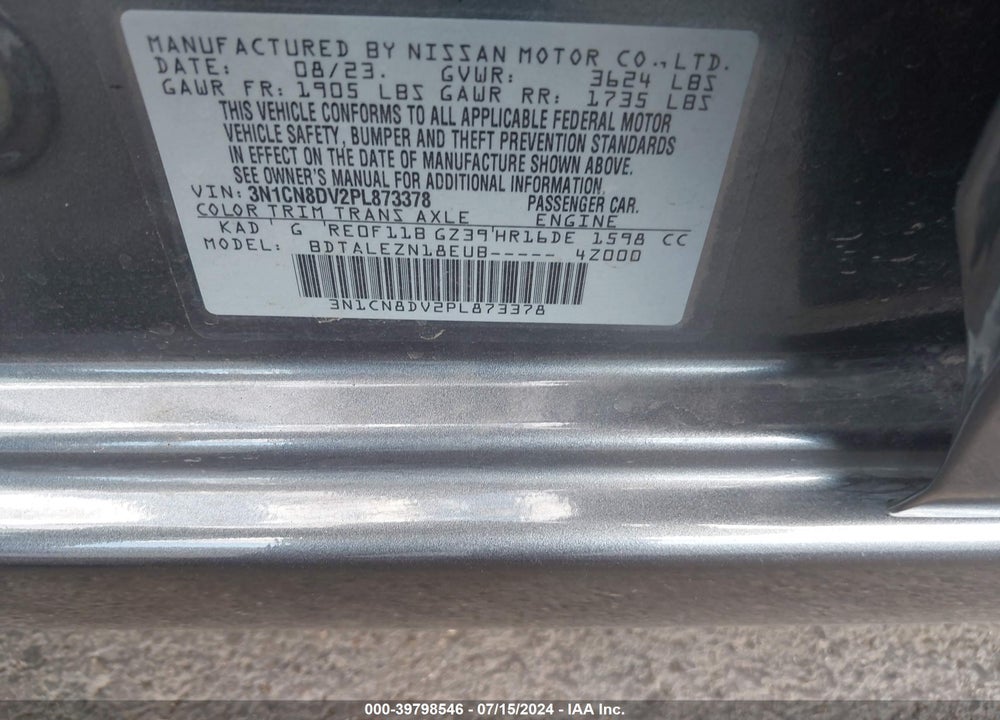 2023 NISSAN VERSA 1.6 S XTRONIC CVT VIN: 3N1CN8DV2PL873378