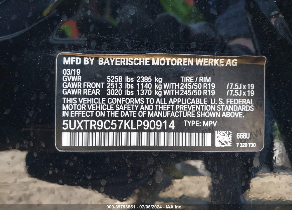 2019 BMW X3 XDRIVE30I VIN: 5UXTR9C57KLP90914