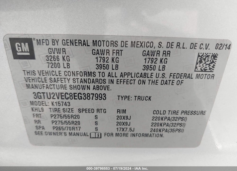 2014 GMC SIERRA VIN: 3GTU2VEC8EG387993