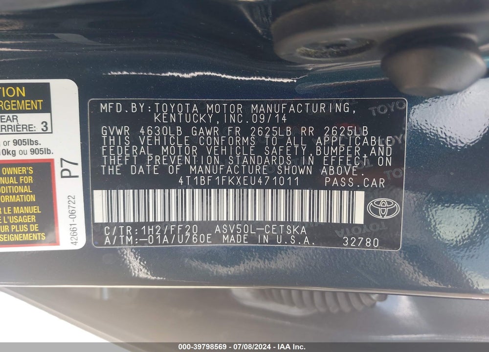 2014 TOYOTA CAMRY SE VIN: 4T1BF1FKXEU471011