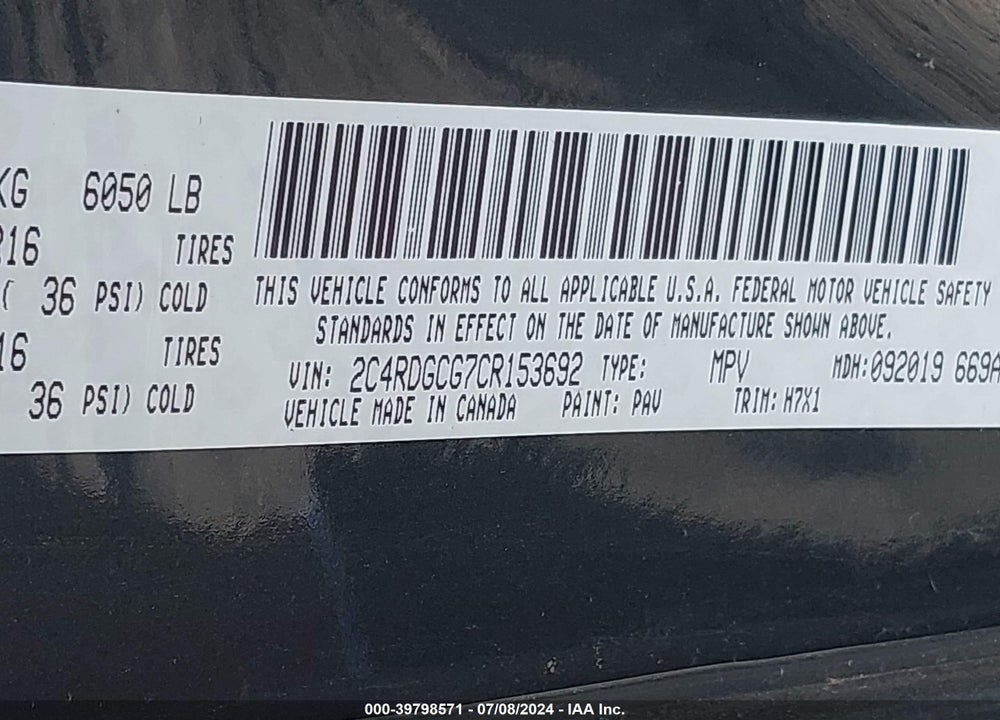 2012 DODGE GRAND CARAVAN SXT VIN: 2C4RDGCG7CR153692