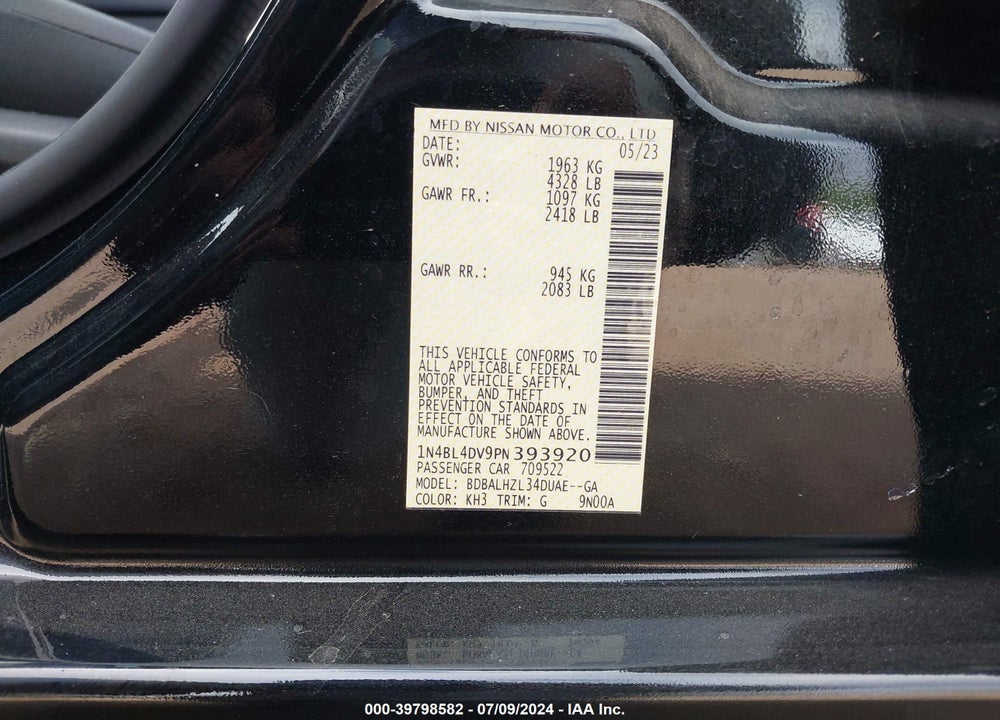 2023 NISSAN ALTIMA VIN: 1N4BL4DV9PN393920