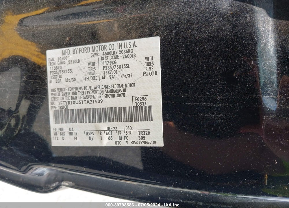 2001 FORD RANGER VIN: 1FTYR10U51TA21539