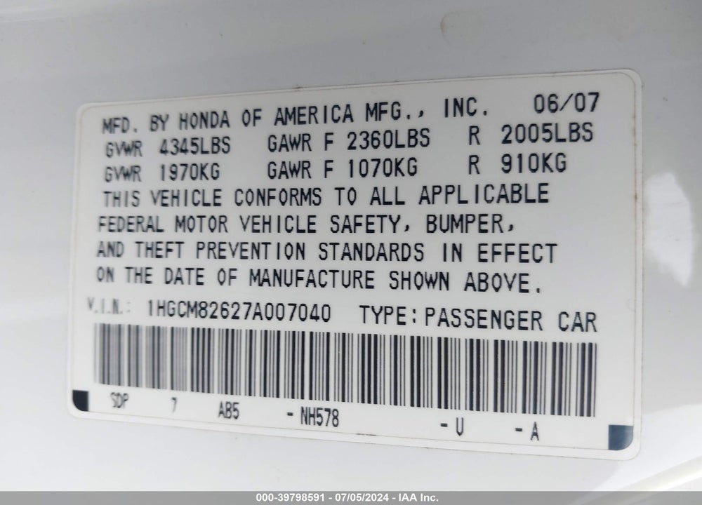 2007 HONDA ACCORD 3.0 EX VIN: 1HGCM82627A007040