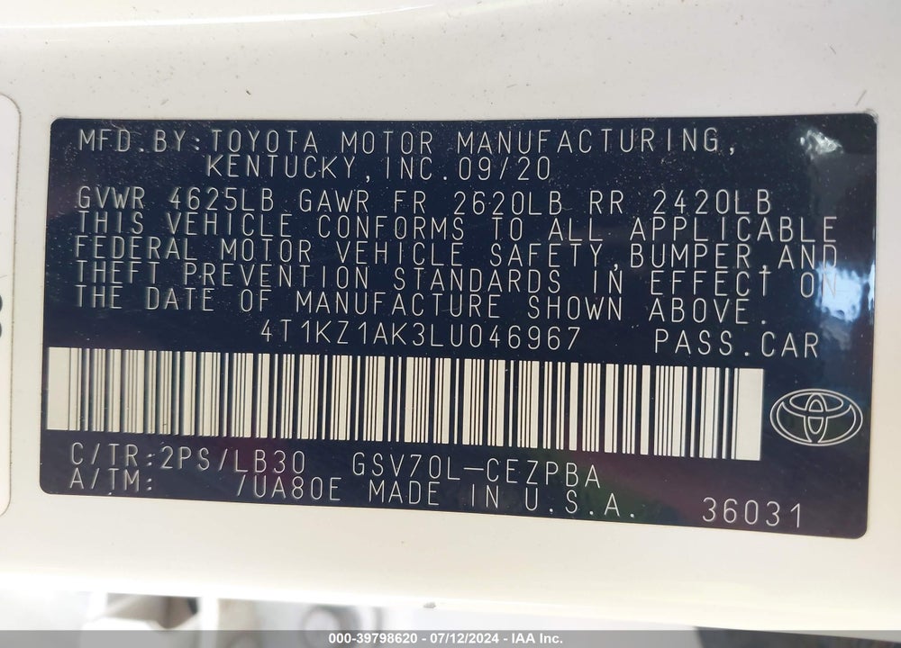 2020 TOYOTA CAMRY XSE V6 VIN: 4T1KZ1AK3LU046967