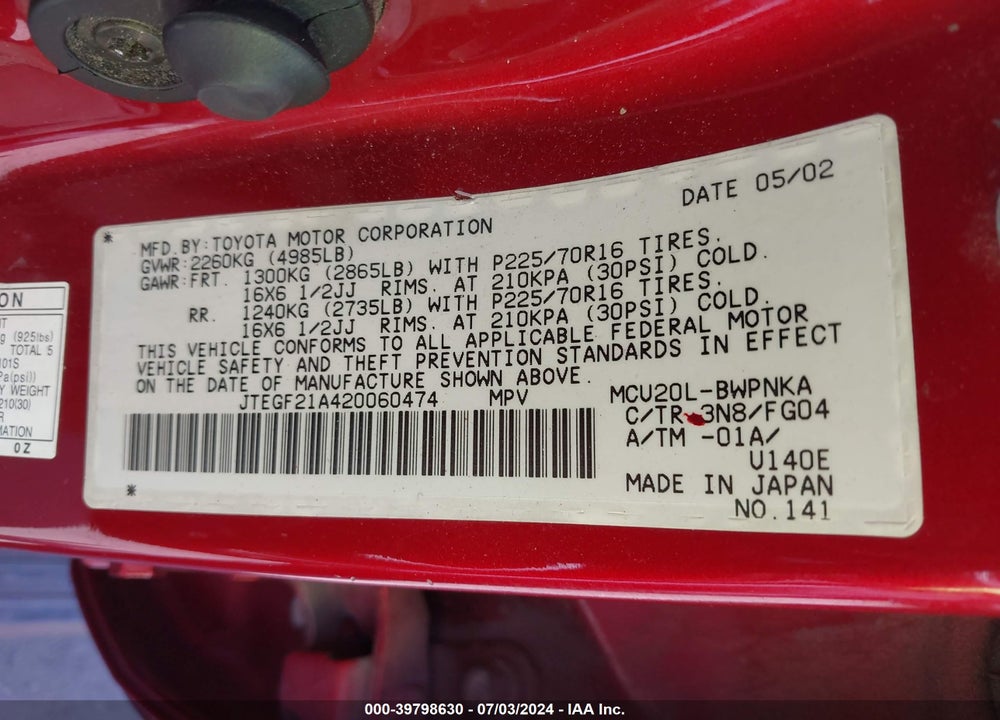 2002 TOYOTA HIGHLANDER V6 VIN: JTEGF21A420060474