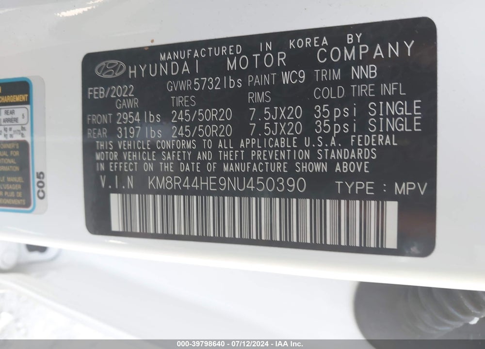 2022 HYUNDAI PALISADE SEL VIN: KM8R44HE9NU450390