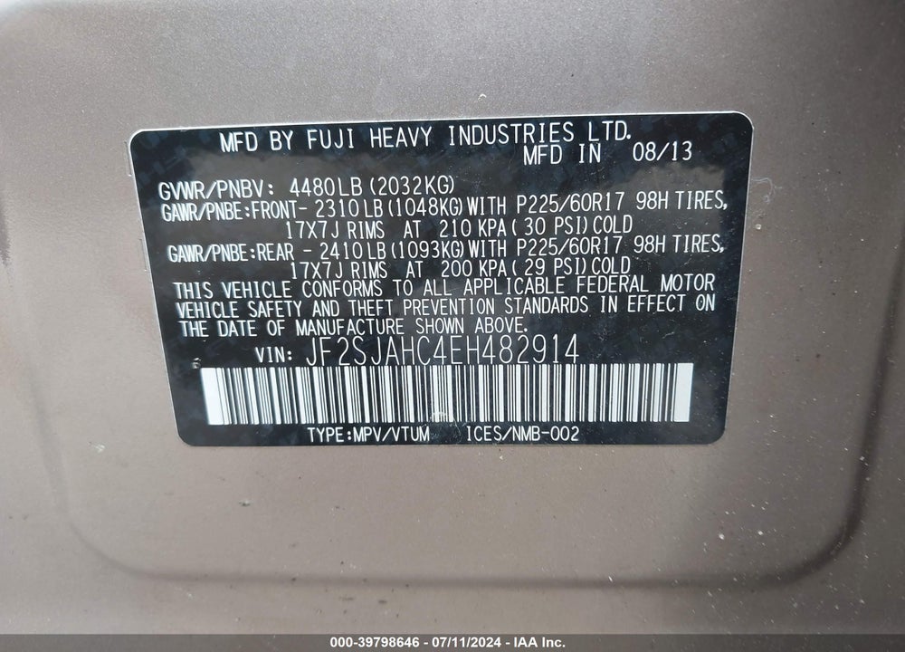 2014 SUBARU FORESTER 2.5I LIMITED VIN: JF2SJAHC4EH482914