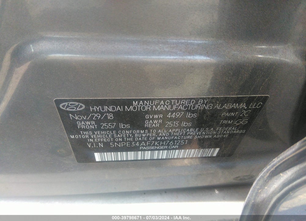 2019 HYUNDAI SONATA SEL VIN: 5NPE34AF7KH761251