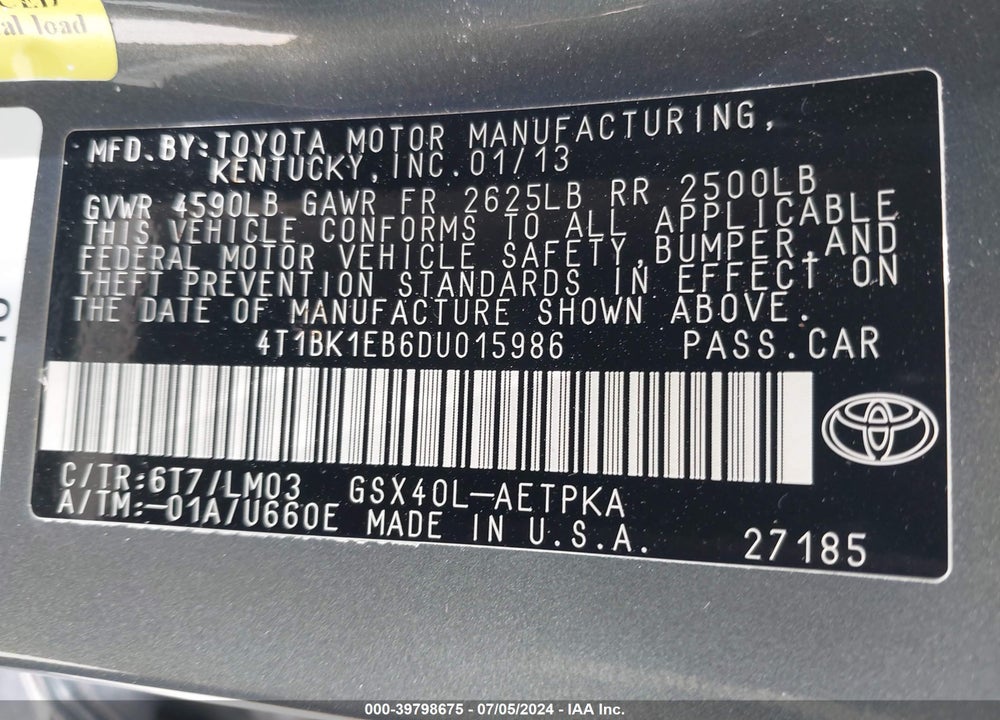 2013 TOYOTA AVALON LIMITED VIN: 4T1BK1EB6DU015986