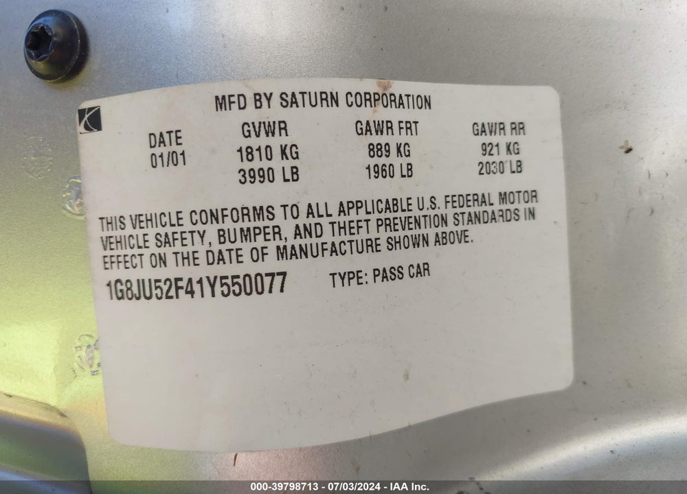 2001 SATURN L200 VIN: 1G8JU52F41Y550077