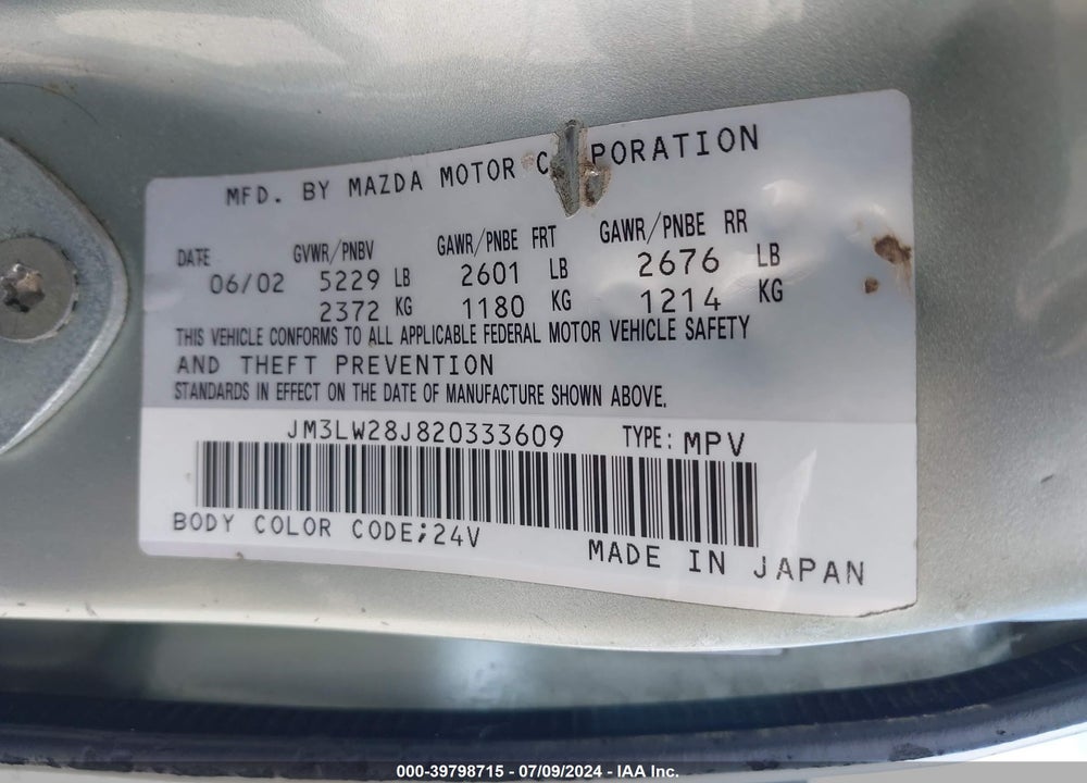 2002 MAZDA MPV ES/LX VIN: JM3LW28J820333609