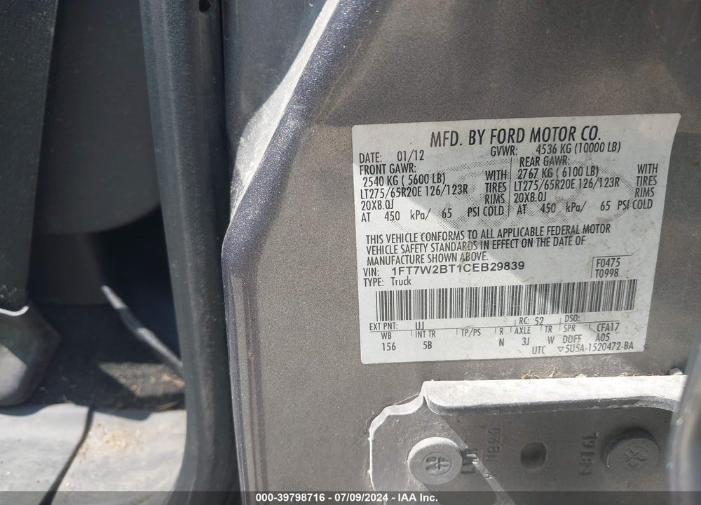 2012 FORD F-250 LARIAT VIN: 1FT7W2BT1CEB29839