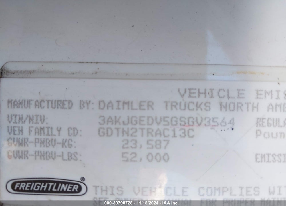 2016 FREIGHTLINER CASCADIA 125 VIN: 3AKJGEDV5GSGV3564
