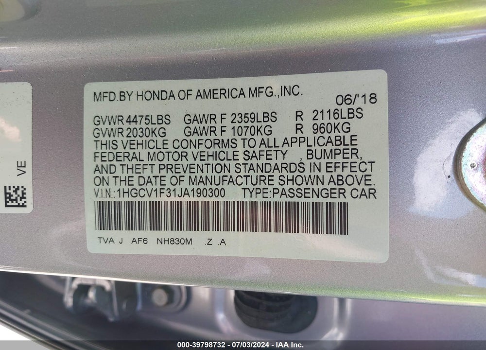2018 HONDA ACCORD SPORT VIN: 1HGCV1F31JA190300