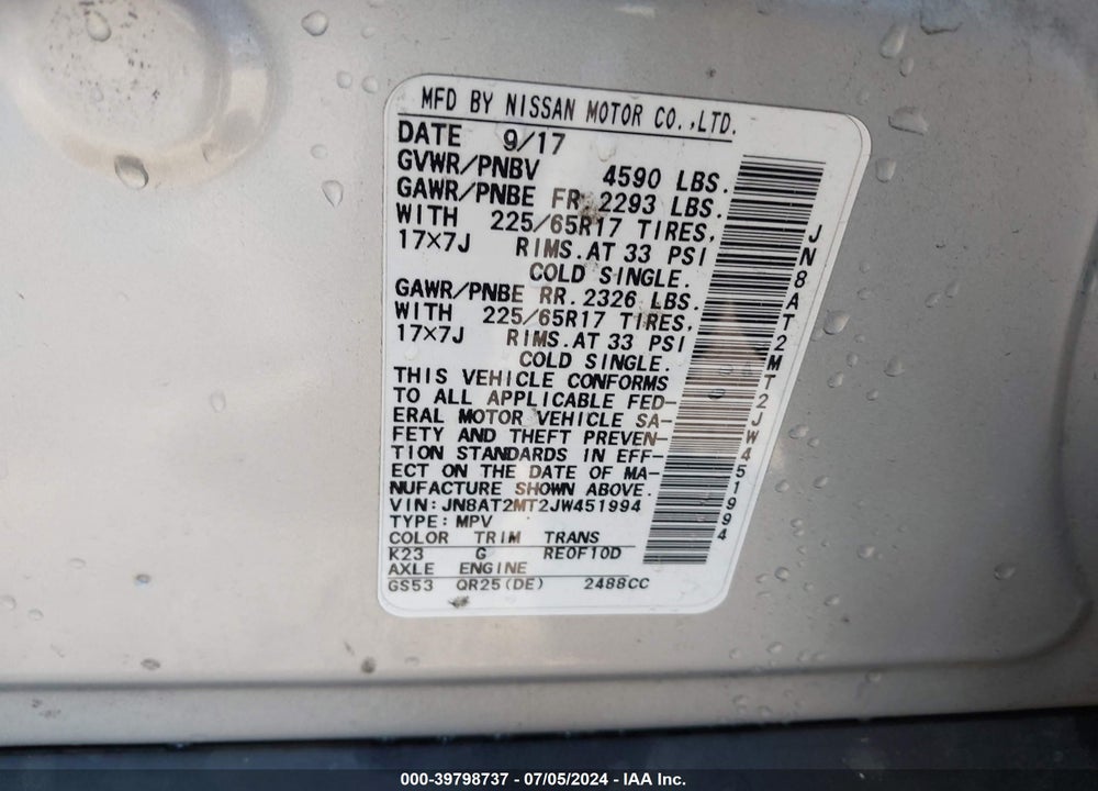 2018 NISSAN ROGUE S VIN: JN8AT2MT2JW451994