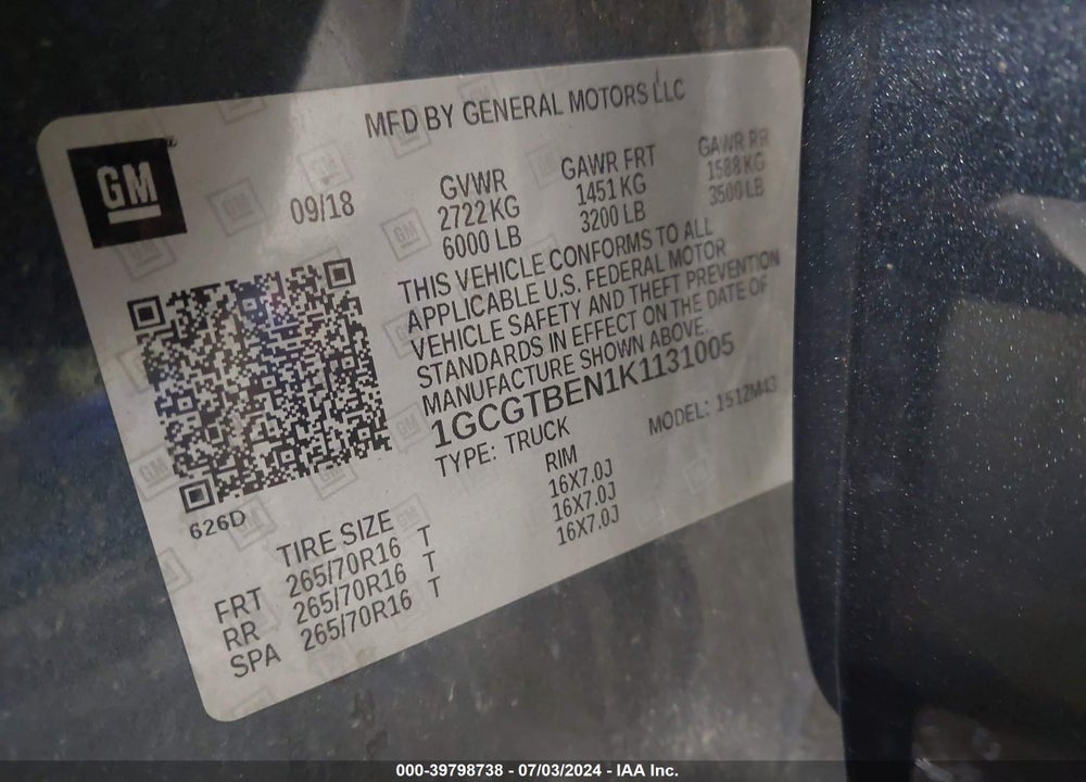 2019 CHEVROLET COLORADO VIN: 1GCGTBEN1K1131005
