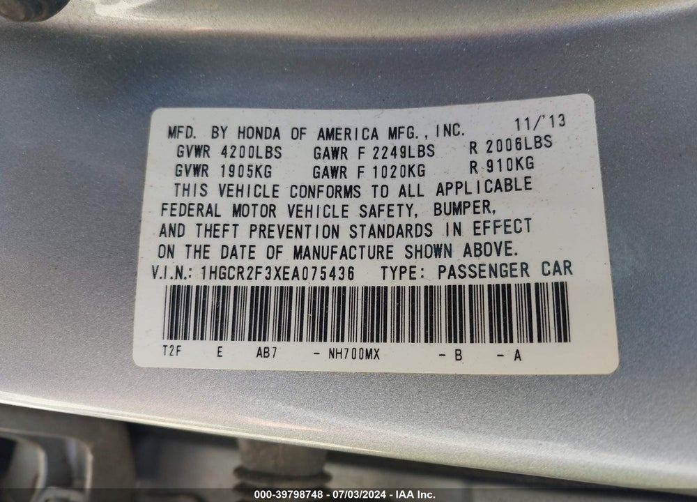 2014 HONDA ACCORD LX VIN: 1HGCR2F3XEA075436