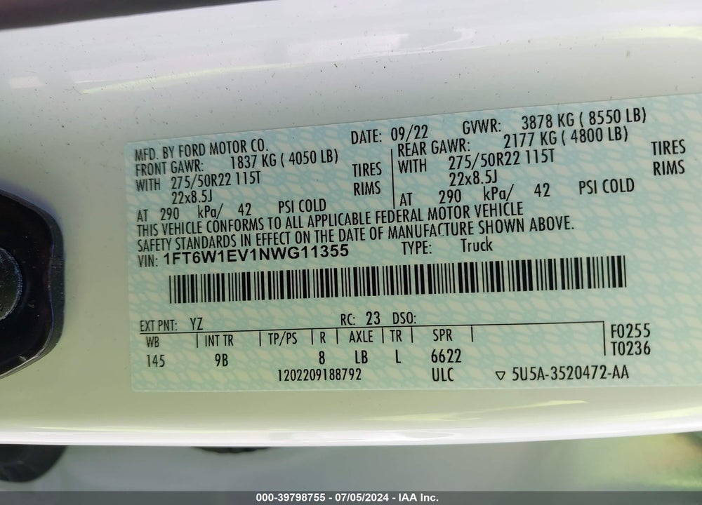 2022 FORD F-150 LIGHTNING VIN: 1FT6W1EV1NWG11355