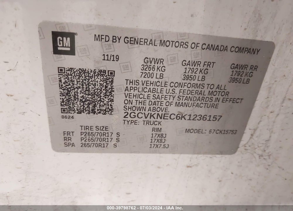 2019 CHEVROLET SILVERADO 1500 LD WT VIN: 2GCVKNEC6K1236157