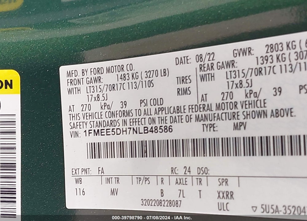 2022 FORD BRONCO EVERGLADES VIN: 1FMEE5DH7NLB48586