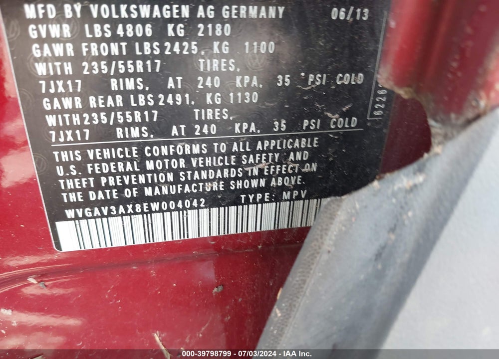 2014 VOLKSWAGEN TIGUAN SE VIN: WVGAV3AX8EW004042