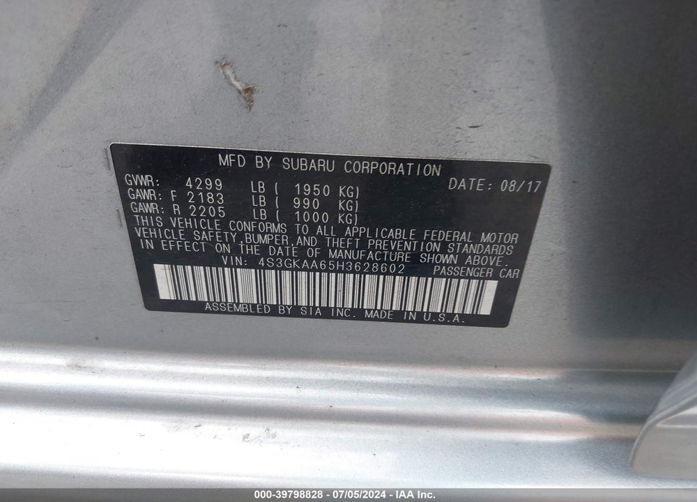 2017 SUBARU IMPREZA 2.0I VIN: 4S3GKAA65H3628602